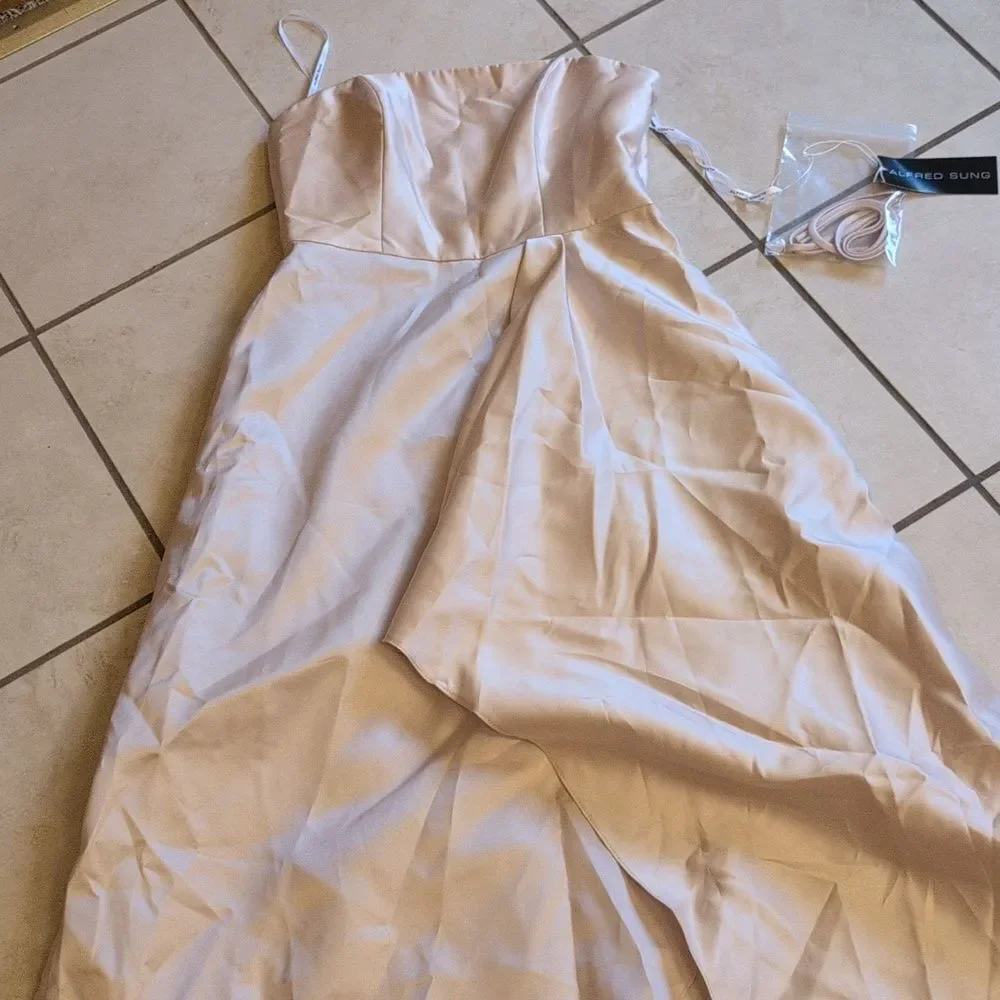 Alfred Sung Strapless Satin Gown Draped Front Slit Pockets Champagne 6 - Picture 2 of 14